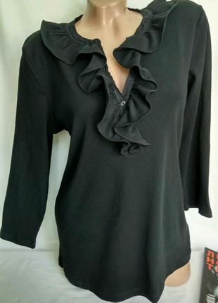 Черная трикотажная блуза в рубчик с рюшами рукав 3/4 р. xl-xxl - нюанс, от ralph lauren