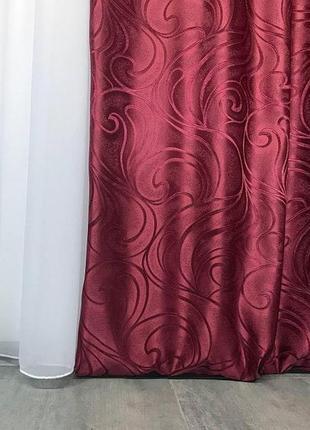 Готовый комплект жаккардовых турецких штор с ламбрекеном 150х270 см ( 2шт ) цвет - бордовый5 фото
