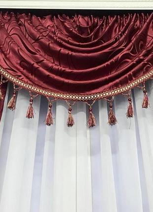 Готовый комплект жаккардовых турецких штор с ламбрекеном 150х270 см ( 2шт ) цвет - бордовый8 фото