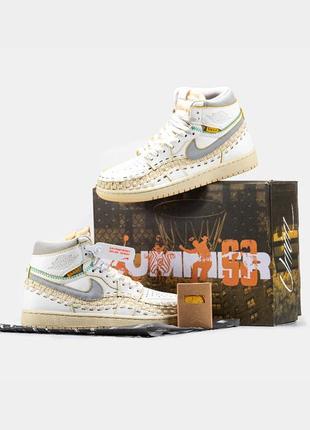 Мужские кроссовки высокие nike air jordan 1 retro x union l.a / весенняя демисезонная летняя обувь весна 2024 найк аир джордан шитые бежевые белые