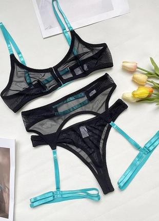 Комплект жіночої білизни з поясом та бірюзовими підв'язками l чорний (0018/6)