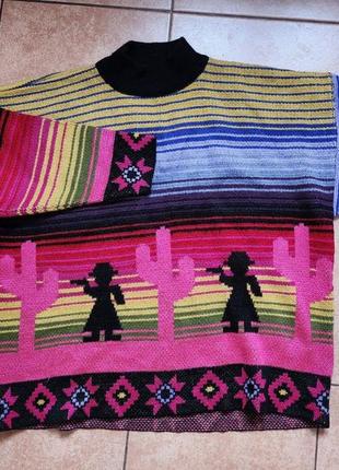 Винтажный ретро свитер с ковбоями вестерн винтаж кактусы орнамент