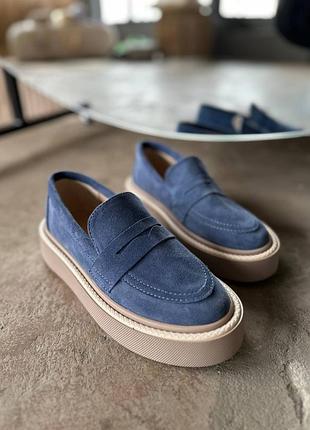 Удобные лоферы, к068, джинс, натуральная замша