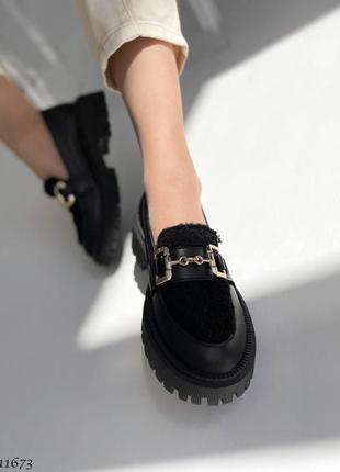 Туфли лоферы слипоны натуральная кожа с мехом пушистые натуральная кожа