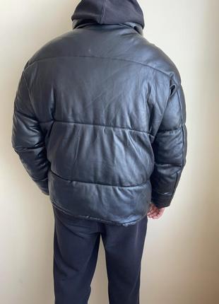 Чорна дута шкіряна куртка zara, зара, оригінал, пуховик, пуффер, оверсайз, дутик, шкіра6 фото