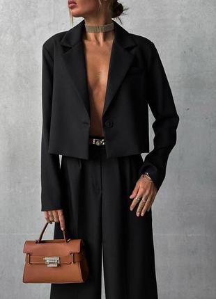 Костюм женский кроп- жакет+ брюки палаццо, брючный костюм с коротким пиджаком