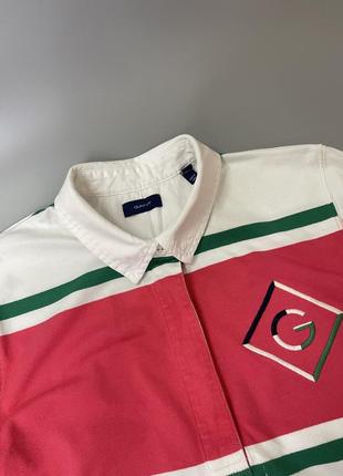 Винтажная цветная регбийка gant в полоску, из лого, логотип, с воротником, белая, розовая, зеленая, винтаж, оригинал, кофта, свитшот5 фото