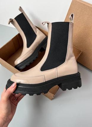 Челси ботинки женские кожаные демисезонные деми, натуральная кожа, байка бежевые с черными вставками