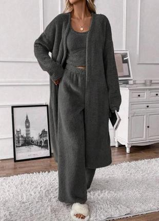 Комплект махровый для дома и сна укороченная майка топ брюки свободного кроя длинный халат пижама теплый костюм бежевый коричневый серый9 фото