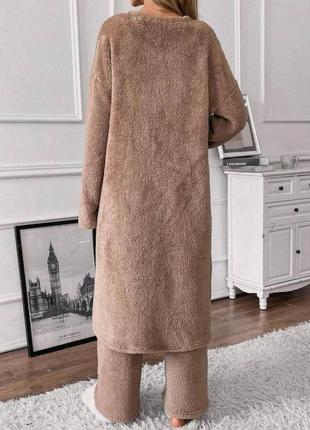 Комплект махровый для дома и сна укороченная майка топ брюки свободного кроя длинный халат пижама теплый костюм бежевый коричневый серый4 фото