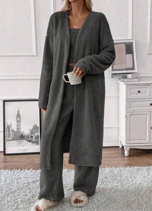 Комплект махровый для дома и сна укороченная майка топ брюки свободного кроя длинный халат пижама теплый костюм бежевый коричневый серый2 фото