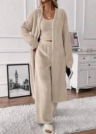 Комплект махровый для дома и сна укороченная майка топ брюки свободного кроя длинный халат пижама теплый костюм бежевый коричневый серый1 фото