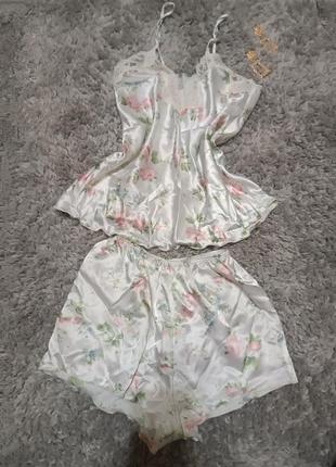 Пижамка в принт/цветочный принт/атласная/шелковая пижама1 фото