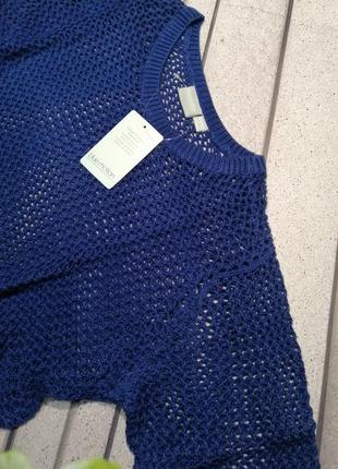 Легкий женский пуловер ажурная сеточка синий2 фото