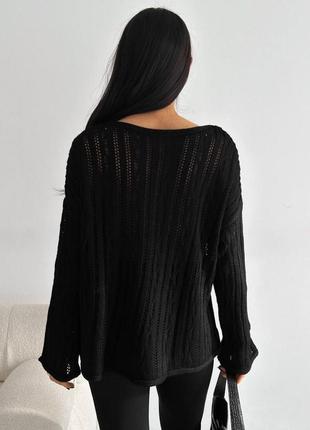 Ажурный трикотажный свитер, белый, черный, коричневый3 фото