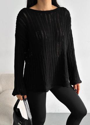 Ажурный трикотажный свитер, белый, черный, коричневый4 фото