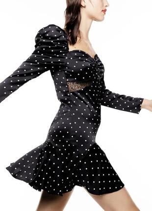 Атласное платье с кружевом h&m, черный/точки6 фото
