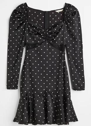 Атласное платье с кружевом h&m, черный/точки4 фото