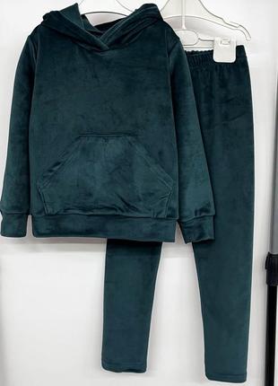 Костюм дитячий спортивний велюровий на худі кенгуру лосини, смарагдовий