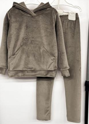 Костюм дитячий спортивний велюровий на худі кенгуру лосини, кавовий