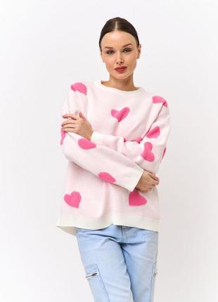 8 кольорів! 🩷 светр оверсайз із принтом сердечки із спущенною лінією плеча, в'язаний светр, вільного крою, об'ємний, сердця, кофта, лонгслів10 фото
