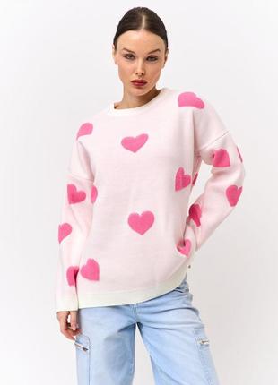 8 кольорів! 🩷 светр оверсайз із принтом сердечки із спущенною лінією плеча, в'язаний светр, вільного крою, об'ємний, сердця, кофта, лонгслів9 фото