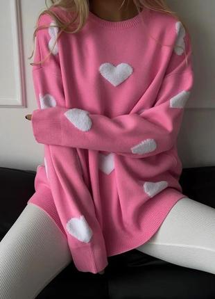 8 кольорів! 🩷 светр оверсайз із принтом сердечки із спущенною лінією плеча, в'язаний светр, вільного крою, об'ємний, сердця, кофта, лонгслів2 фото