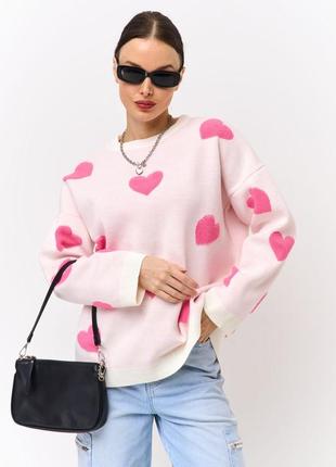 8 цветов! 🩷 свитер оверсайз с принтом сердечки с спущенной линией плеча, вязаный свитер, свободного кроя, объемный, сердечки, кофта, лонгслив10 фото