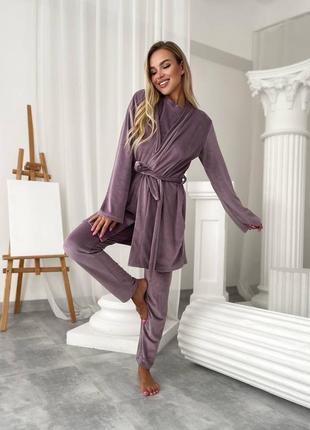 Теплый велюровый комплект тройка с халатом, костюм для дома тройка велюр, велюровая пижама тройка2 фото