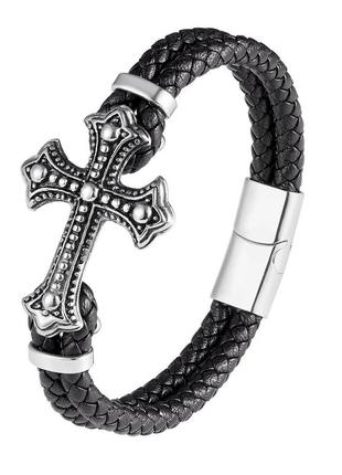 Браслет кожаный винтажный type d3 "крест" 19 см серебристый