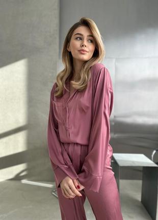 Домашній костюм двійка штани + сорочка (піжама) з щільного шовку армані 46-48 рожевий2 фото