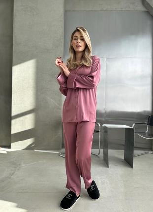 Домашний костюм двойка штаны + рубашка (пижама) из плотного шелка армани 46-48 розовый