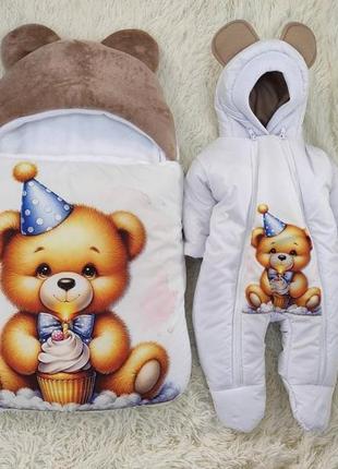 Спальник + комбинезон для новорожденных, принт медвежонок малыш, коричневый1 фото