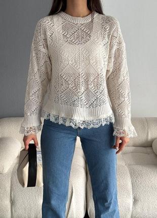 Очень стильный женский ажурный вязаный джемпер (свитер/лонгслив/кофта)
