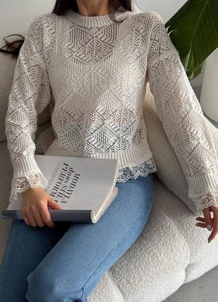 Очень стильный женский ажурный вязаный джемпер (свитер/лонгслив/кофта)