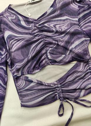 Женская трендовая фиолетовая укороченная кофта водолазка лонгслив кроптоп из сетки с вырезом fb sisters3 фото