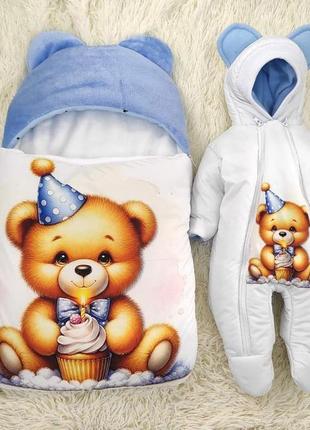 Спальник + комбинезон для новорожденных мальчиков, принт медвежонок малыш, голубой1 фото