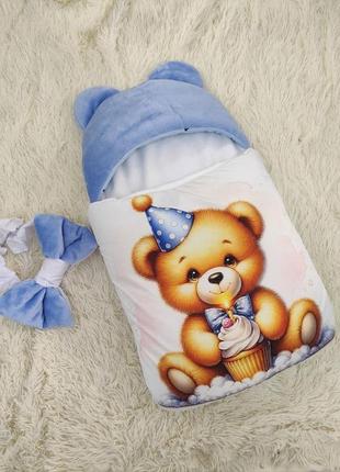Спальник + комбинезон для новорожденных мальчиков, принт медвежонок малыш, голубой5 фото