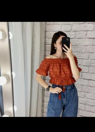 Красивый хлопковый топ прошва терракотового цвета