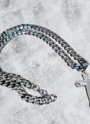 Цепочка мужская steel braiding 9мм с крестом. кубинское плетение, качественная медицинская сталь