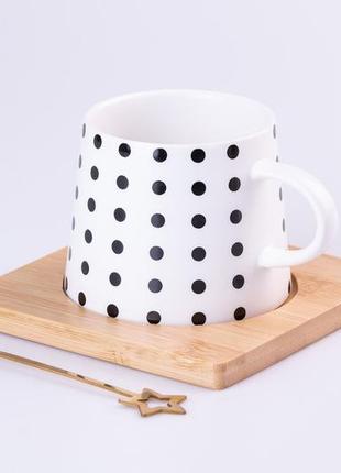 Чашка в черный горшек керамическая 350 мл с бамбуковой подставкой и золотой чайной ложечкой