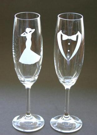 Парні весільні келихи для шампанського, подарунок на весілля, молодятам1 фото
