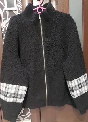 Шикарная демисезонная шубка, куртка тедди черного цвета с клеточными вставками shein 50-545 фото