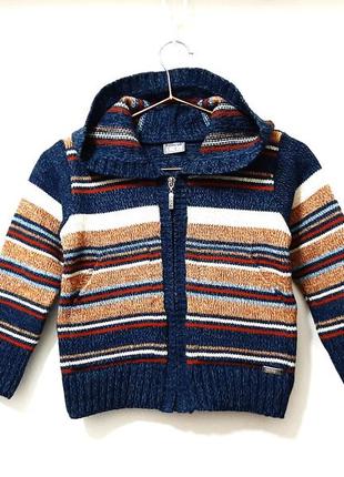 Кофта тепла на блискавці з капюшоном на хлопчика 5-6рок синя в смужки білі бежеві в'язана демі зима mavi boncuk туреччина