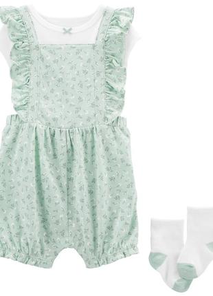 Літній комплект-трійка для дівчинки carter’s картерс: комбінезон ромпер, футболка та шкарпетки