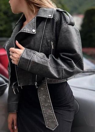 Косуха куртка курточка укороченная короткая кожа искусственная эко-кожа женская серая демисезонная осенняя6 фото