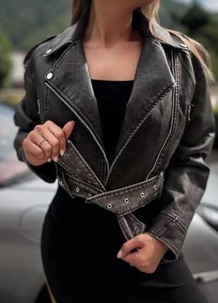 Косуха куртка курточка укороченная короткая кожа искусственная эко-кожа женская серая демисезонная осенняя5 фото