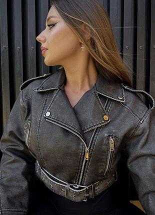 Косуха куртка курточка укороченная короткая кожа искусственная эко-кожа женская серая демисезонная осенняя2 фото