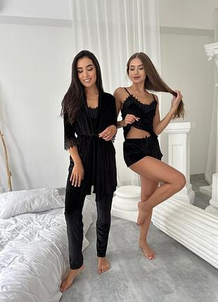 Велюровый комплект для дома 4 в 1 черного цвета