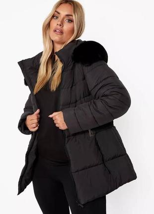 Тепла куртка пуховик пуффер з ремінцем і хутром с ремнем и мехом горнолыжная